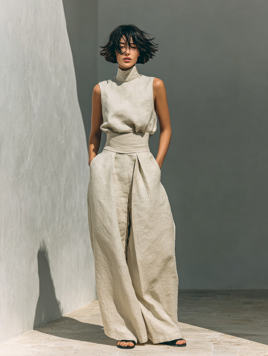Conjunto compuesto por blusa sin mangas y pantalones de pierna ancha en mezcla de algodón y lino.