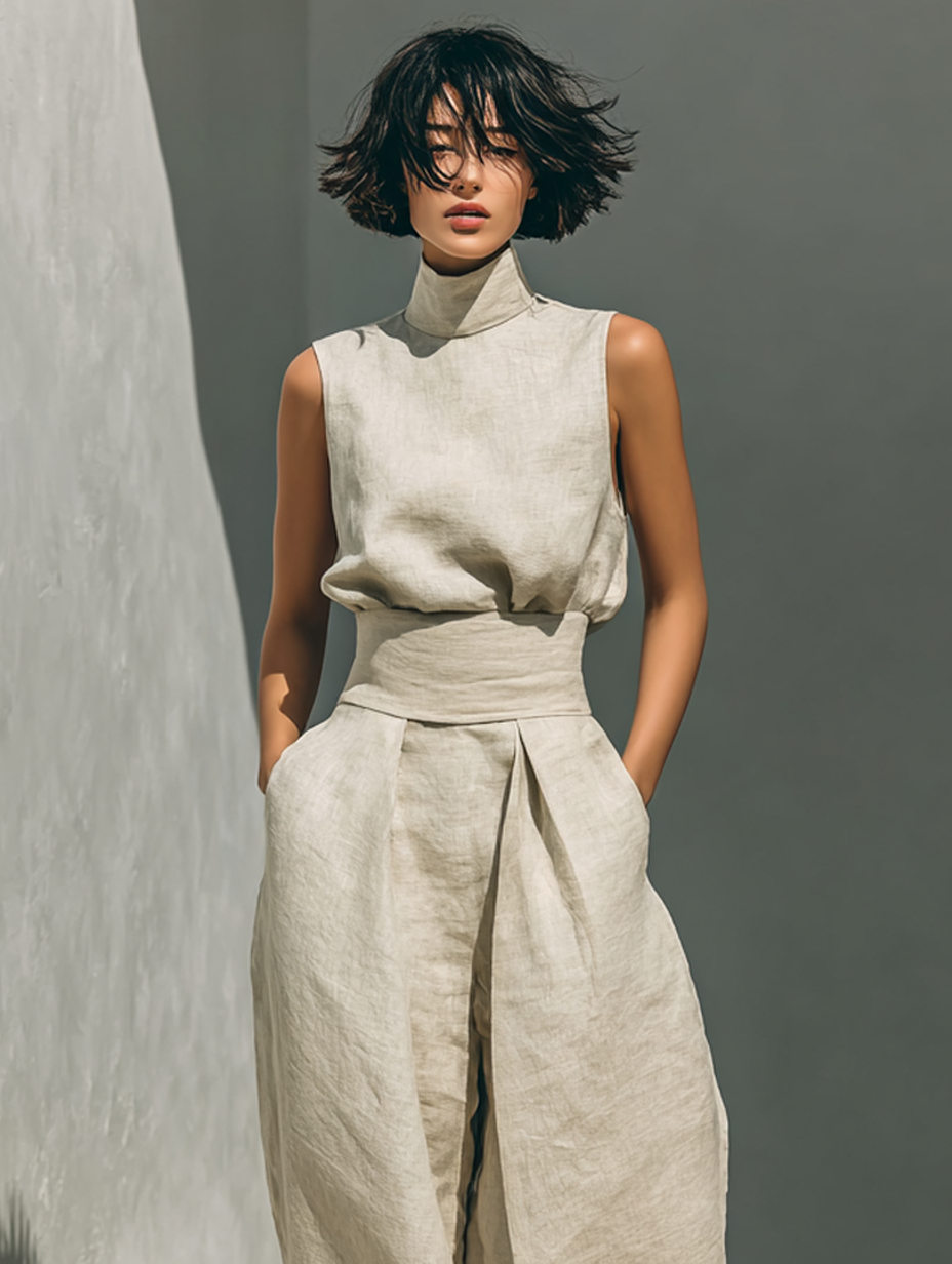 Conjunto compuesto por blusa sin mangas y pantalones de pierna ancha en mezcla de algodón y lino.