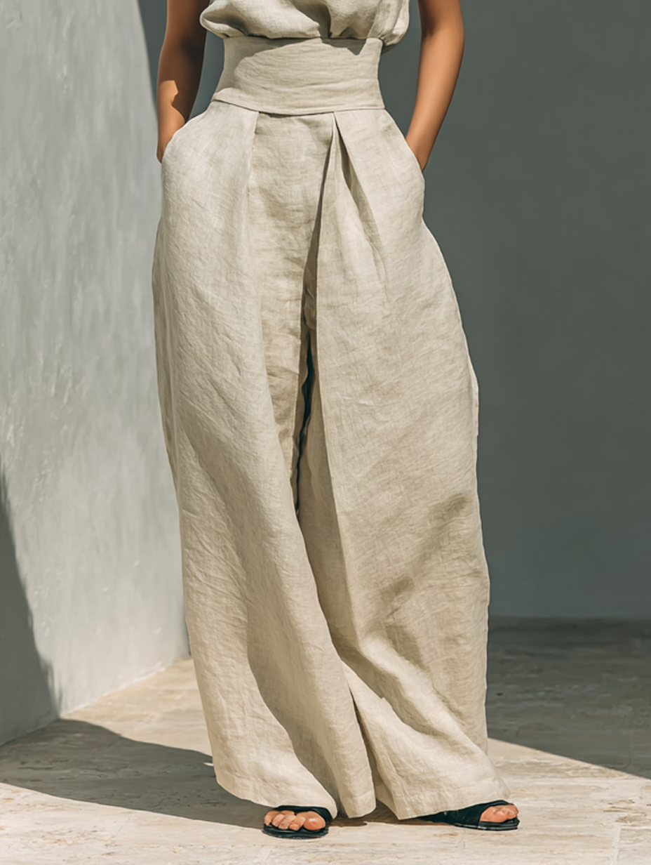 Conjunto compuesto por blusa sin mangas y pantalones de pierna ancha en mezcla de algodón y lino.