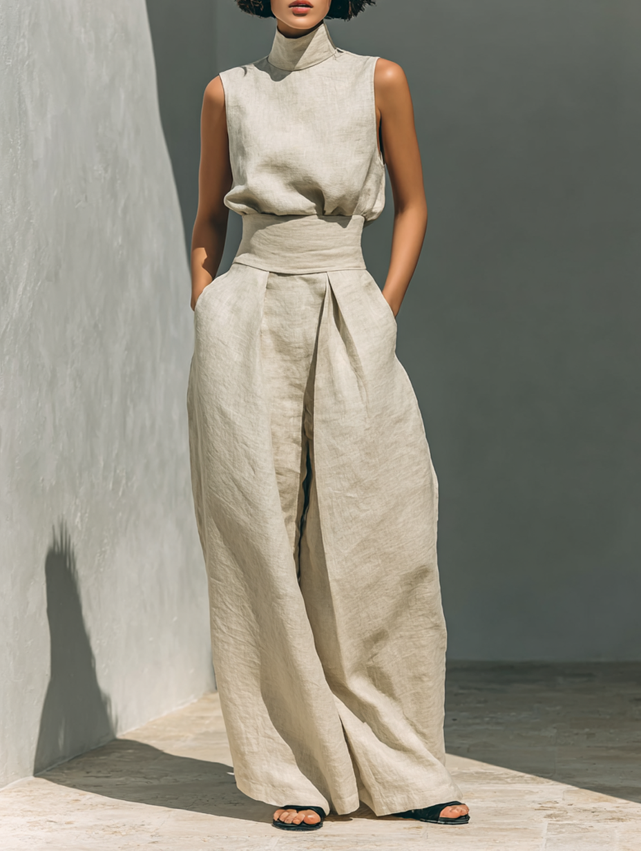 Conjunto compuesto por blusa sin mangas y pantalones de pierna ancha en mezcla de algodón y lino.