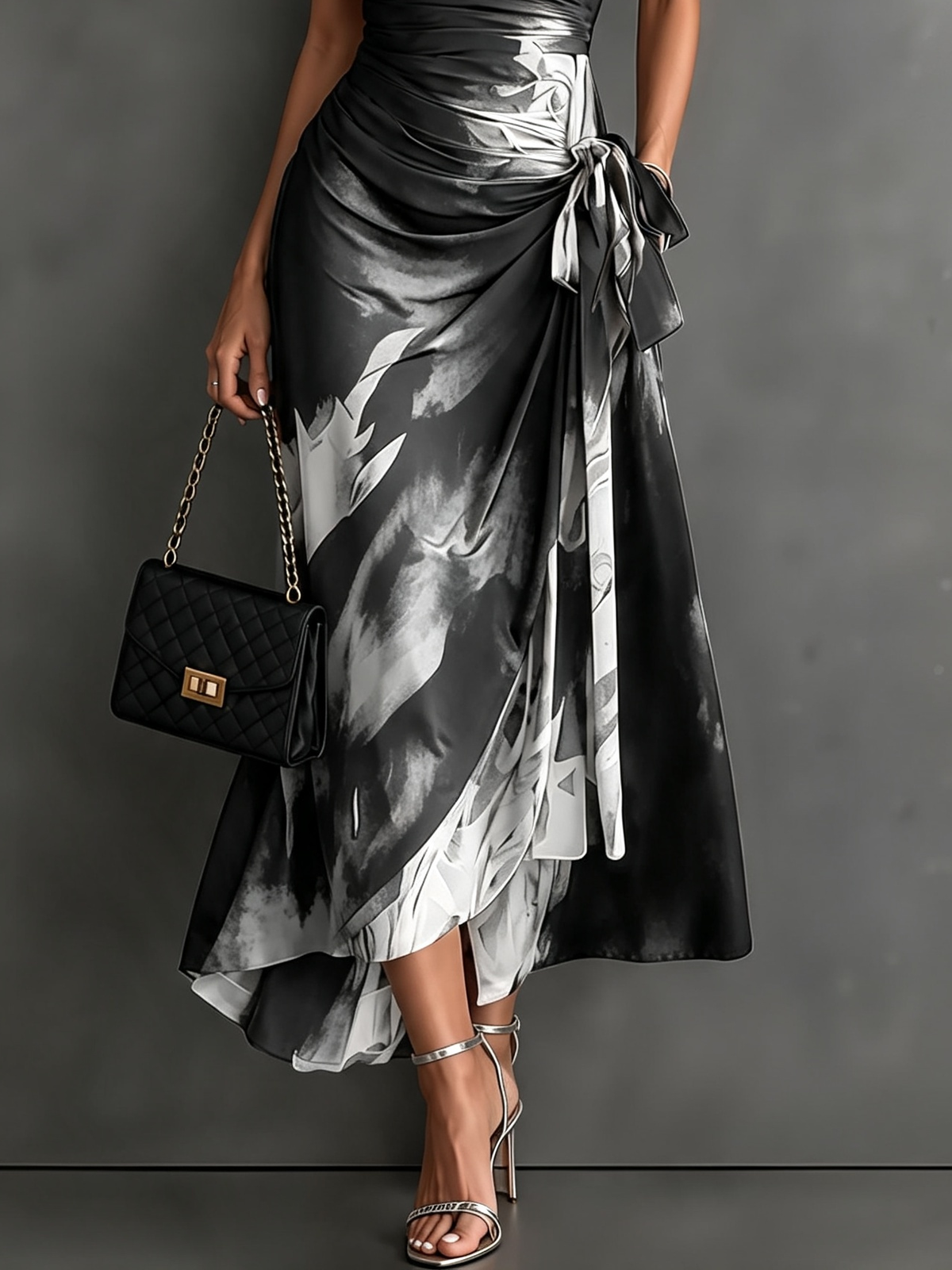 Ana Dolores | Vestido Midi Cruzado con Estampado Abstracto Blanco, Manga Corta y Bajo con Volante
