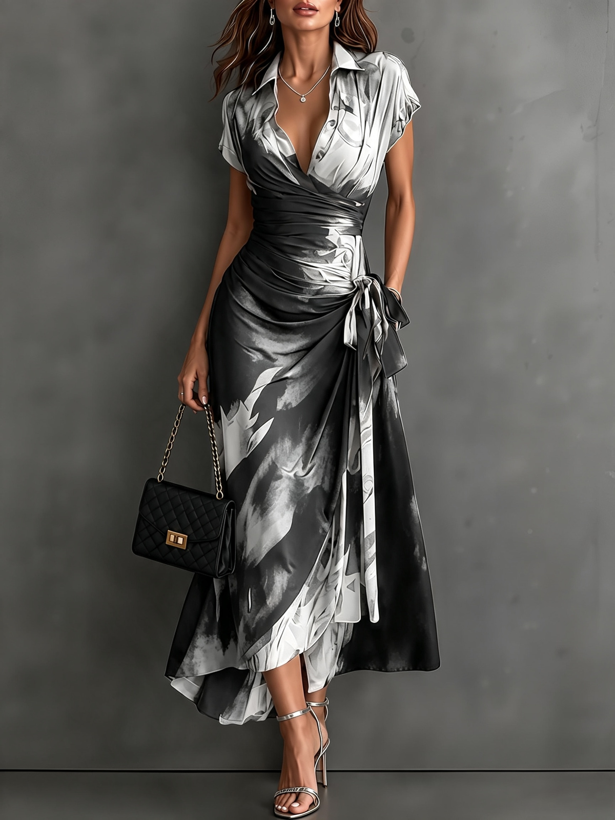Ana Dolores | Vestido Midi Cruzado con Estampado Abstracto Blanco, Manga Corta y Bajo con Volante