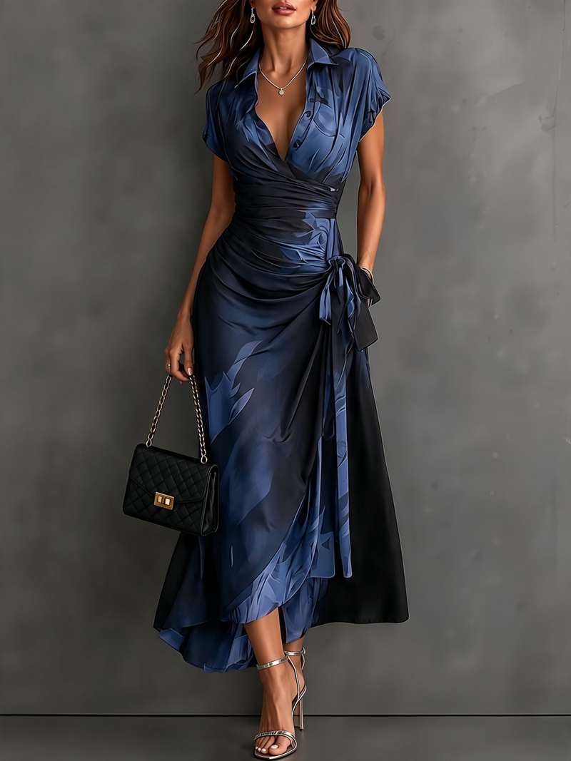 Mari Pepa | Vestido Midi Cruzado con Estampado Abstracto Azul, Manga Corta y Bajo con Volante
