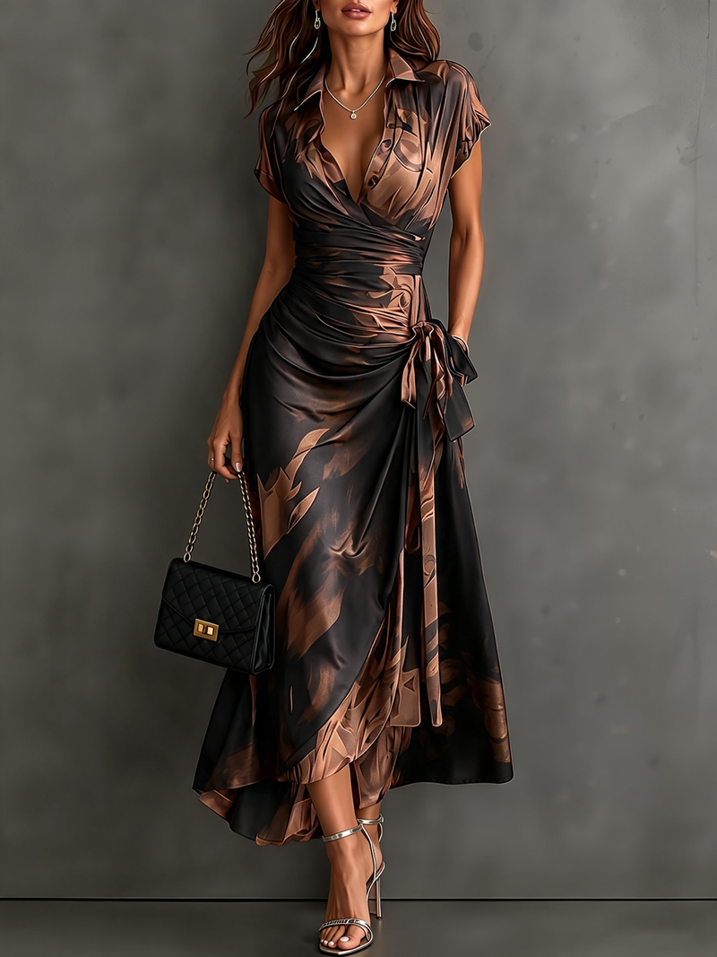 Mari Rosa | Vestido Midi Cruzado con Estampado Abstracto Marrón, Manga Corta y Bajo con Volante
