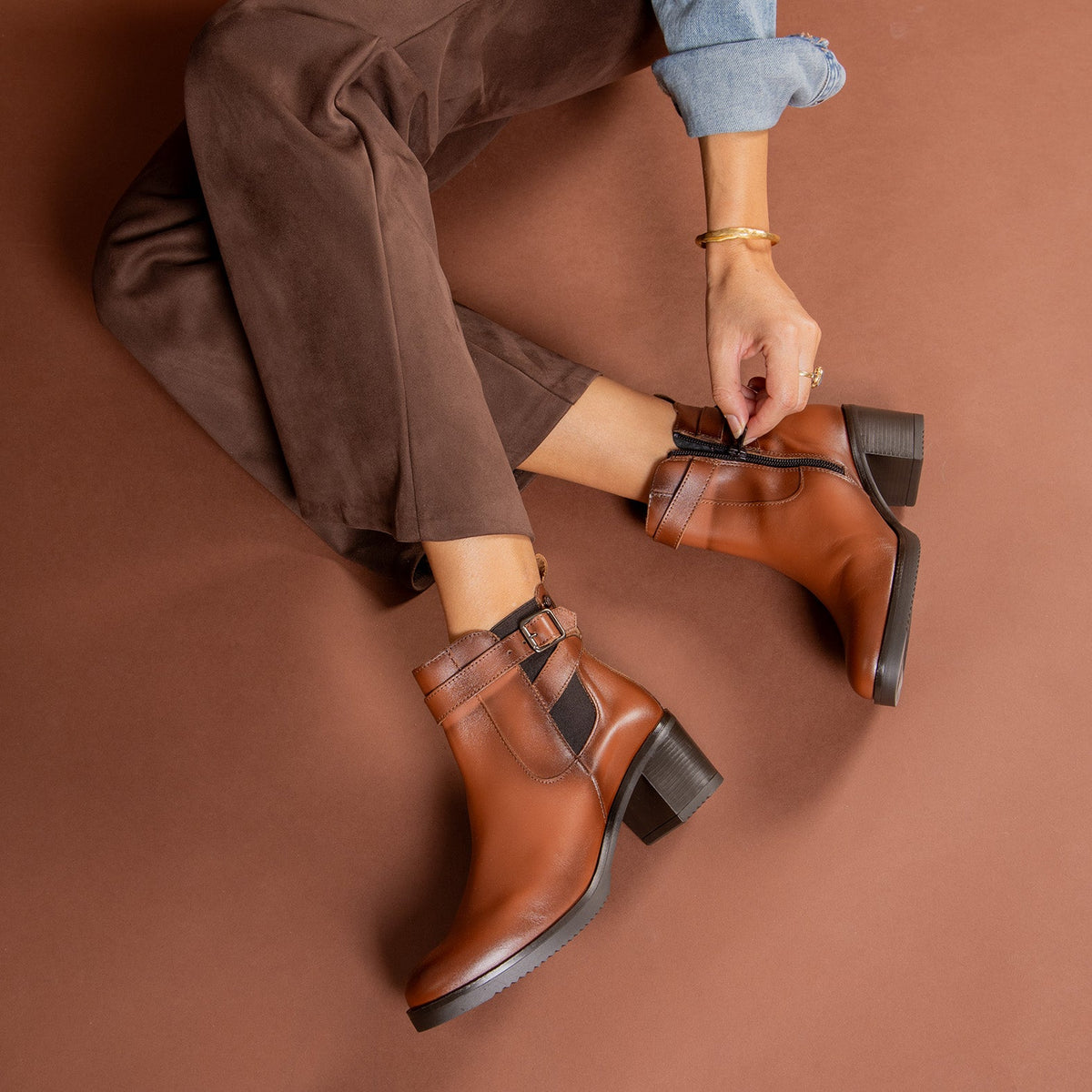 LEMY - Botines CAMEL de piel de napa