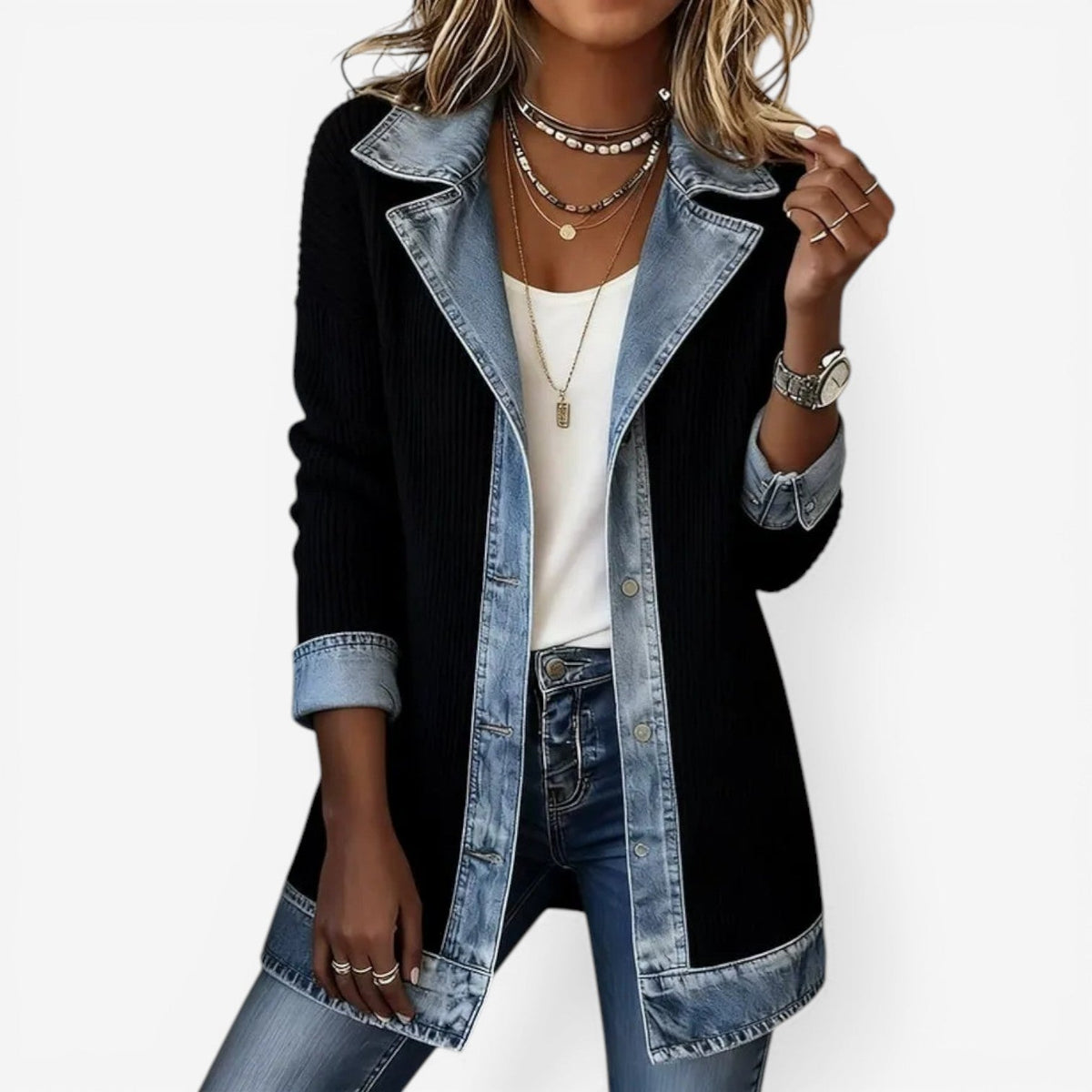 Verona | Chaqueta de Punto con Paneles en Denim
