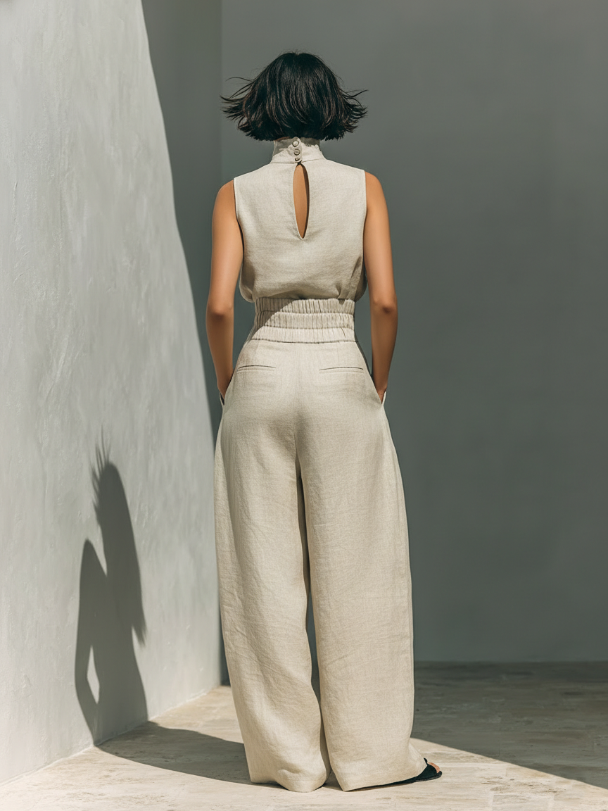 Conjunto compuesto por blusa sin mangas y pantalones de pierna ancha en mezcla de algodón y lino.