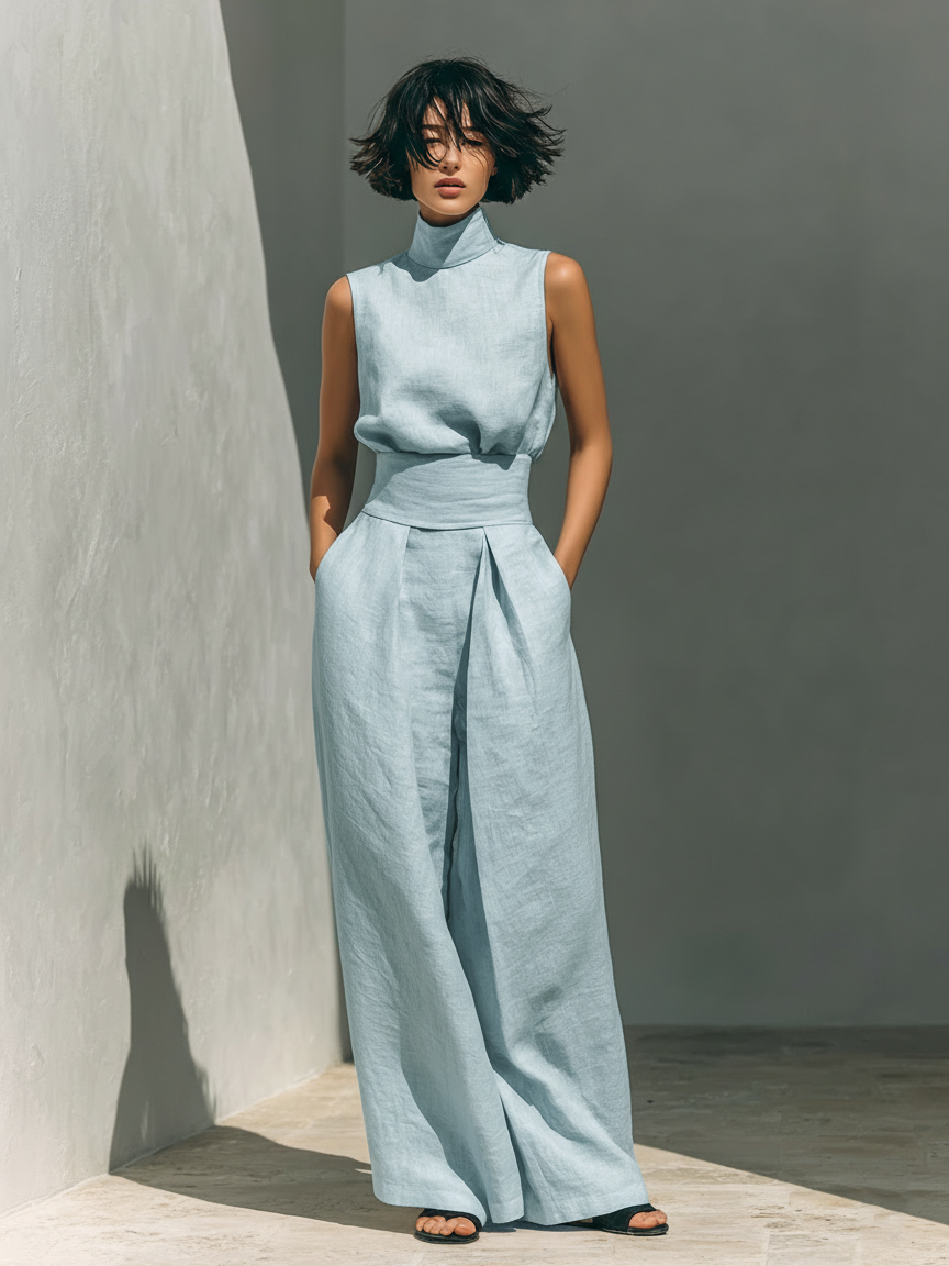 Conjunto compuesto por blusa sin mangas y pantalones de pierna ancha en mezcla de algodón y lino.