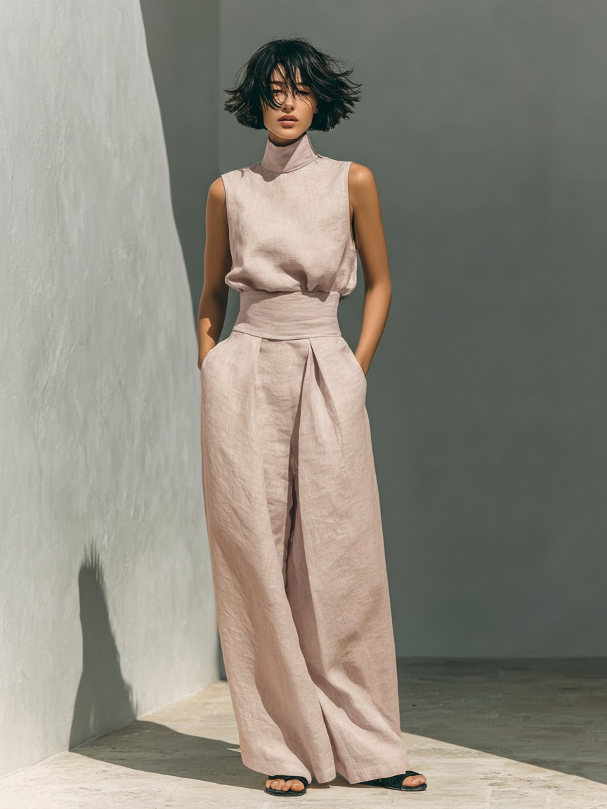 Conjunto compuesto por blusa sin mangas y pantalones de pierna ancha en mezcla de algodón y lino.