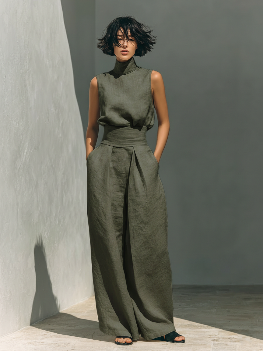 Conjunto compuesto por blusa sin mangas y pantalones de pierna ancha en mezcla de algodón y lino.