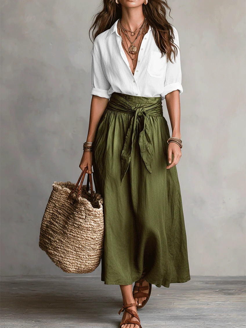 Vera – Conjunto de dos piezas: camiseta negra y falda midi verde oliva
