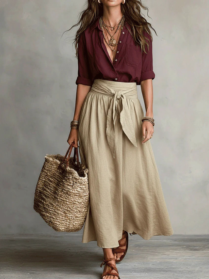 Vera – Conjunto de dos piezas: camiseta negra y falda midi verde oliva