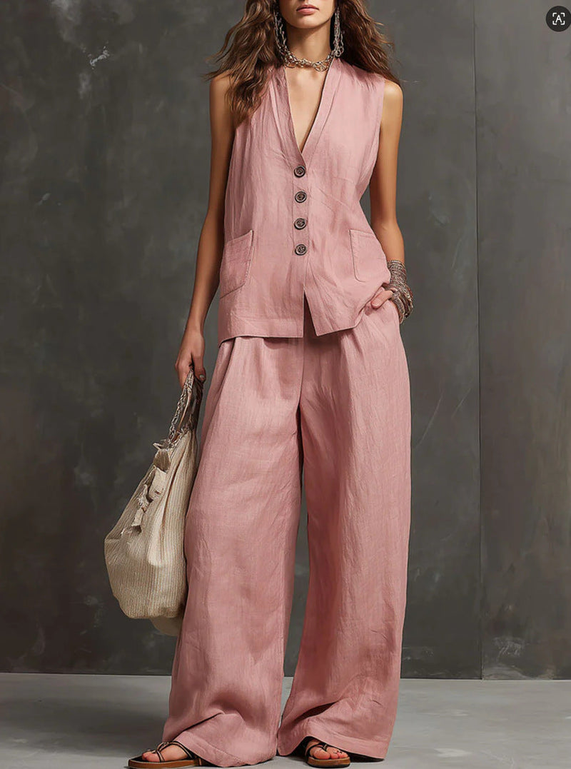 Conjunto de dos piezas de algodón y lino con chaleco sin mangas y pantalones de pierna ancha