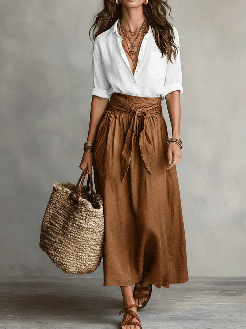 Vera – Conjunto de dos piezas: camiseta negra y falda midi verde oliva