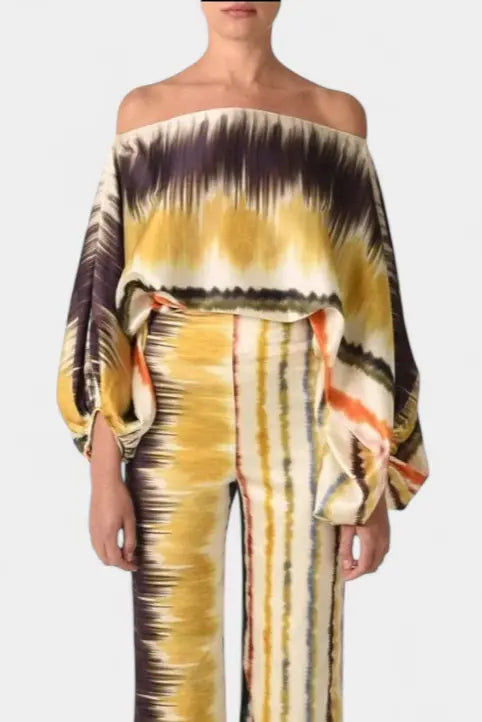 Sybella Conjunto de Dos Piezas con Hombros Descubiertos y Pantalones Amplios Estampados