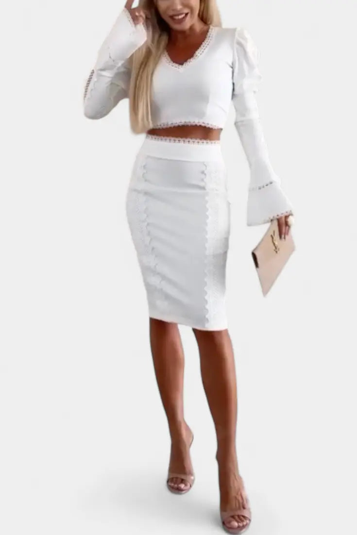 Minerva Conjunto Elegante de Top con Encaje y Falda de Cintura Alta