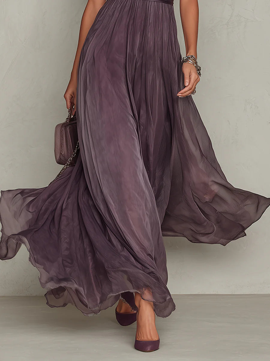Flavia | Vestido largo violeta con escote de llave, borde de encaje de chiffon