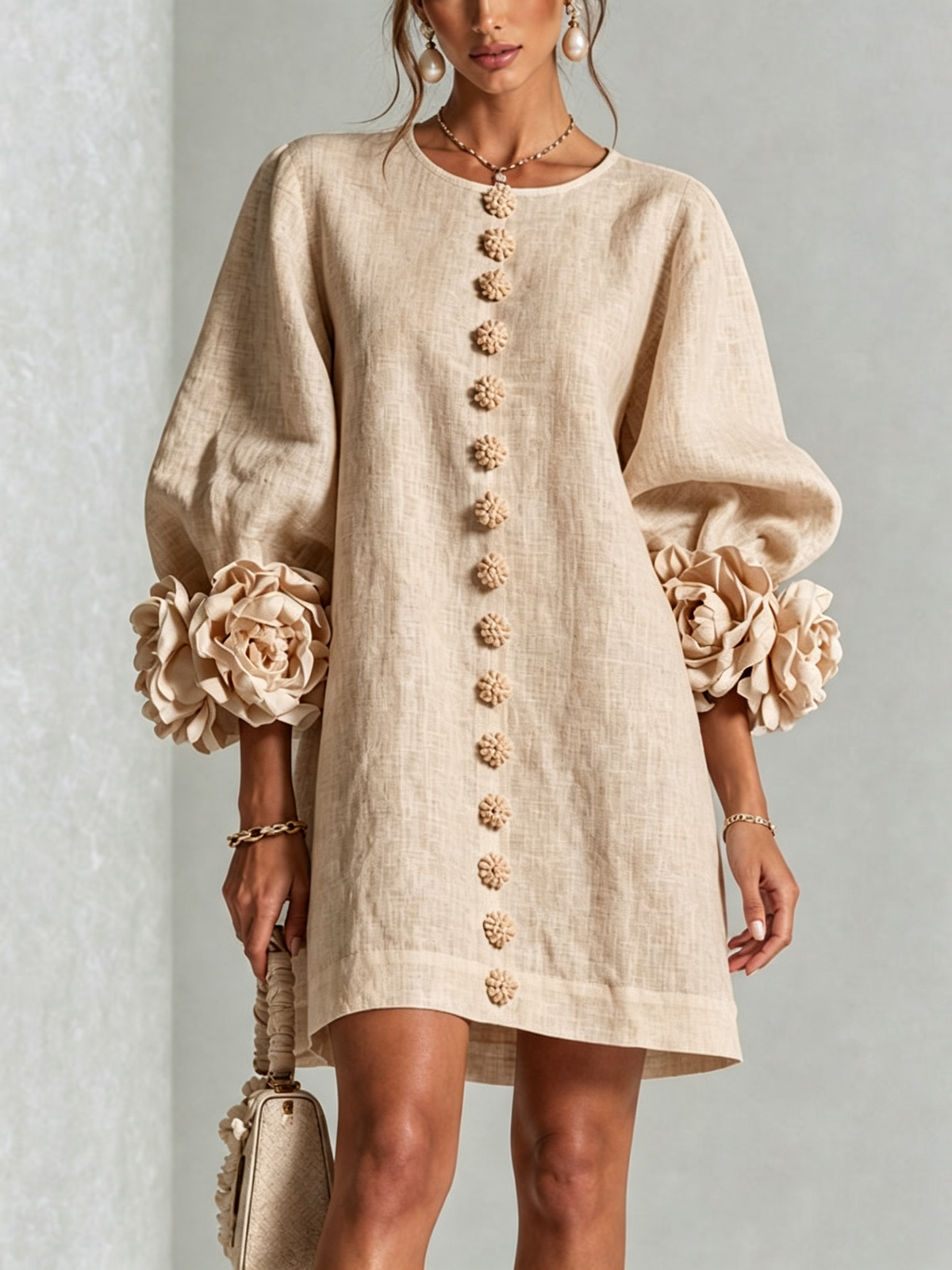Angelines | Vestido Mini de Mezcla de Lino con Puños de Rosa, Beige