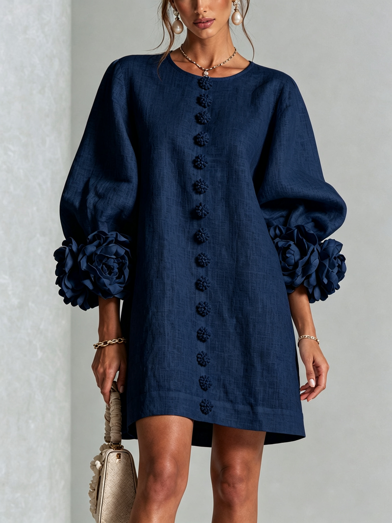 Izaskun | Vestido Mini de Mezcla de Lino con Puños de Rosa, Azul Marino