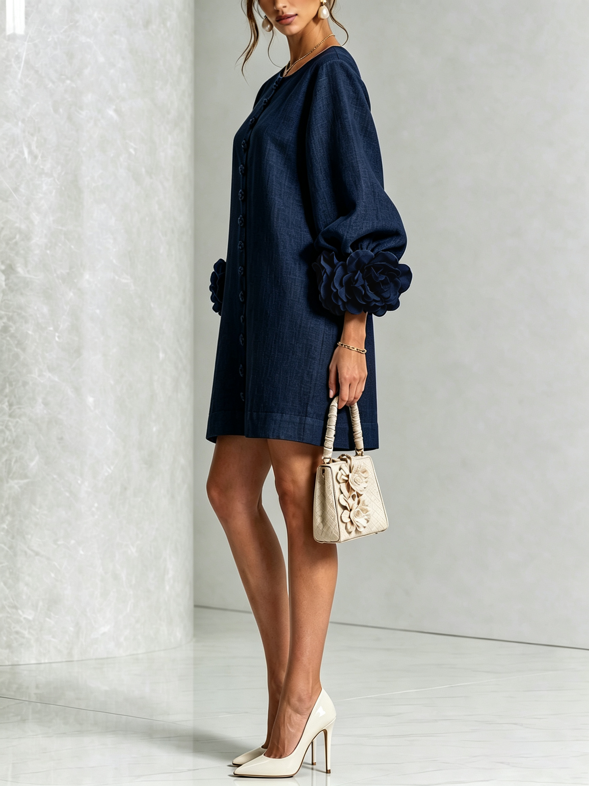 Izaskun | Vestido Mini de Mezcla de Lino con Puños de Rosa, Azul Marino