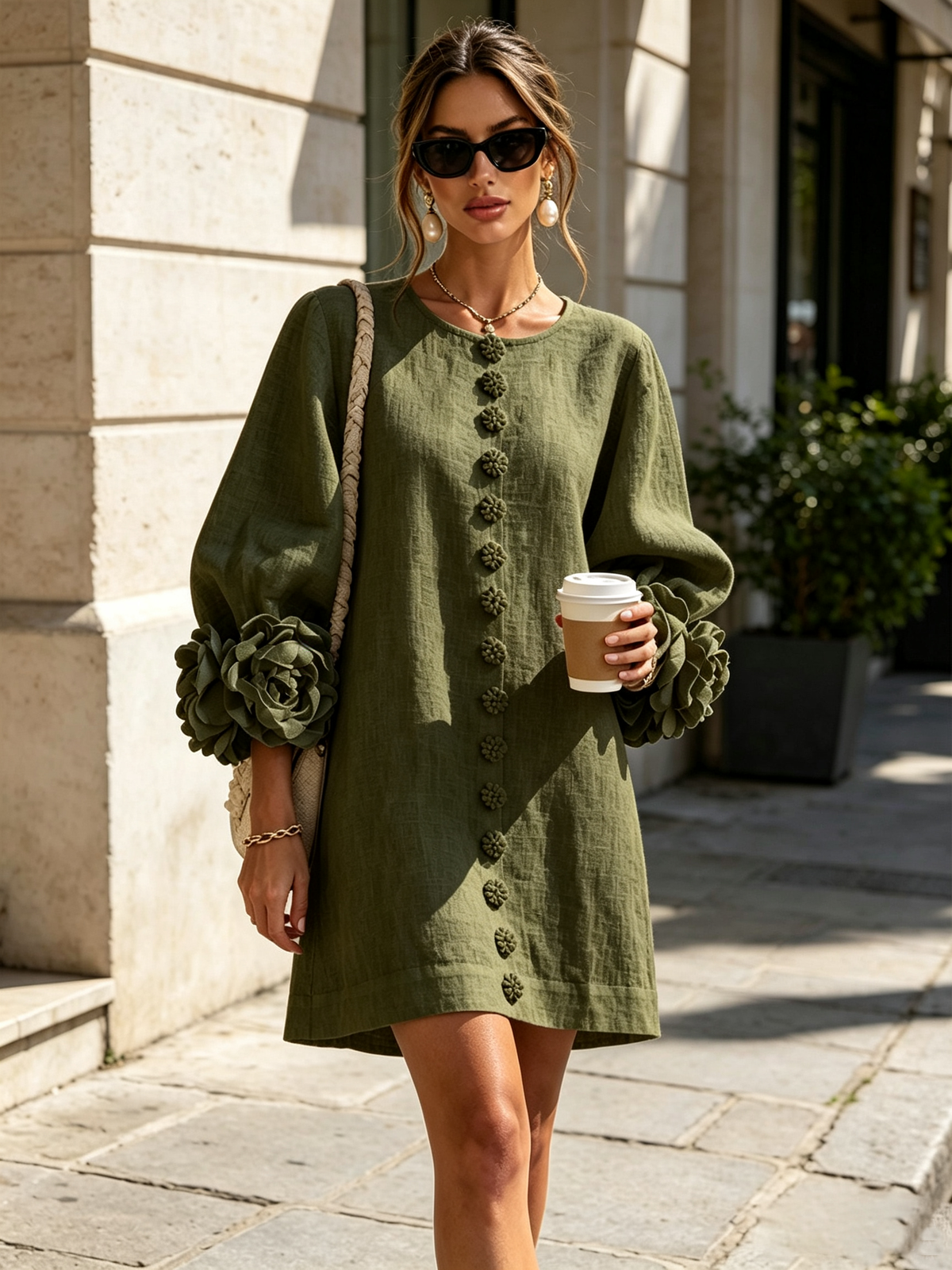 Mar | Vestido Mini de Mezcla de Lino con Puños de Rosa, Verde Oliva