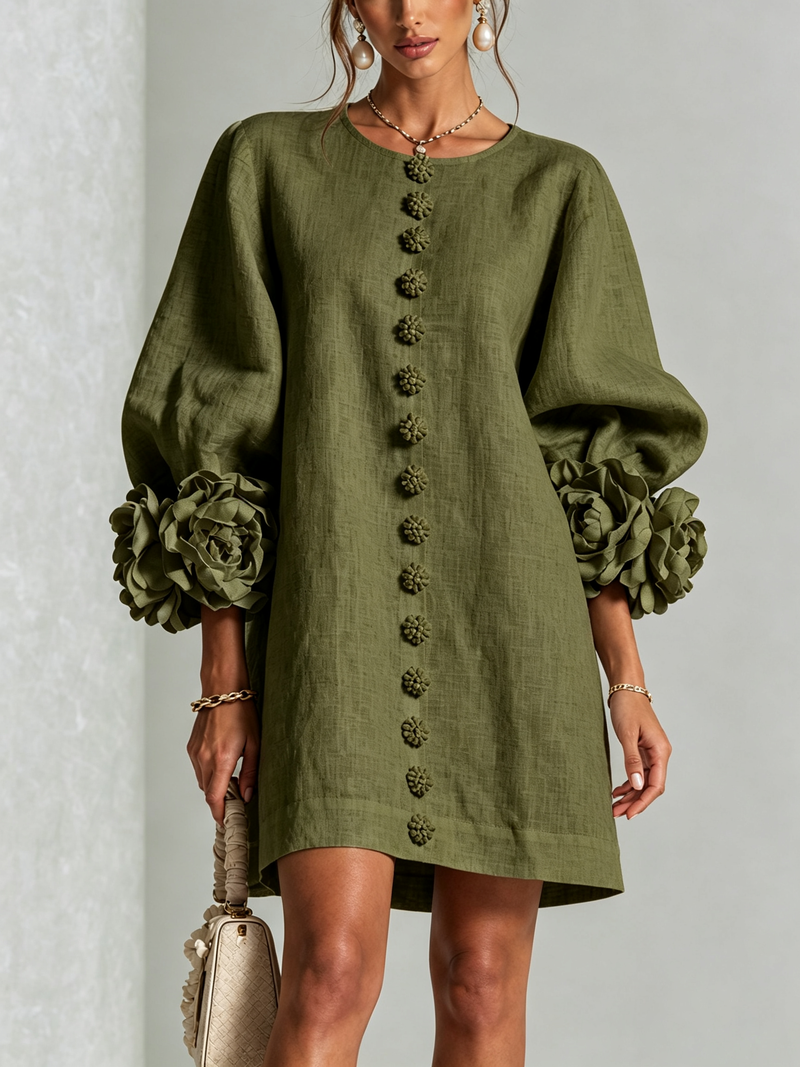 Mar | Vestido Mini de Mezcla de Lino con Puños de Rosa, Verde Oliva