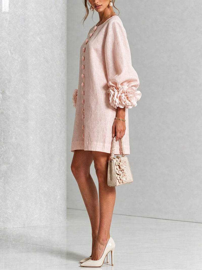 Mabel | Vestido Mini de Mezcla de Lino con Puños de Rosa, Rosa