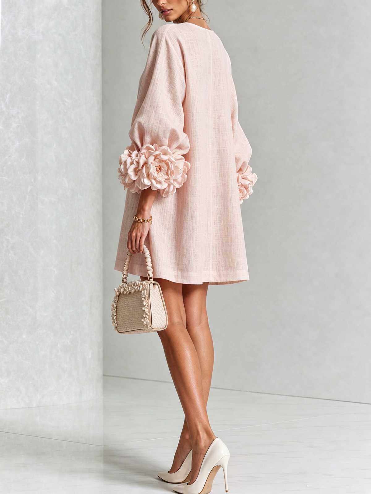 Mabel | Vestido Mini de Mezcla de Lino con Puños de Rosa, Rosa