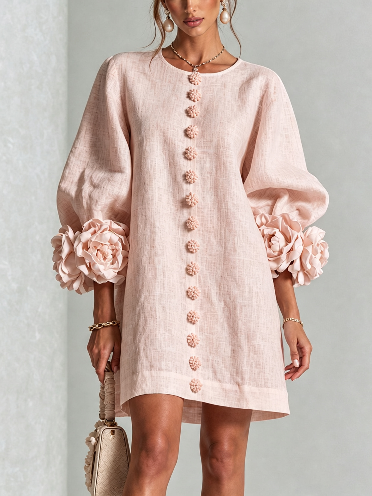 Mabel | Vestido Mini de Mezcla de Lino con Puños de Rosa, Rosa