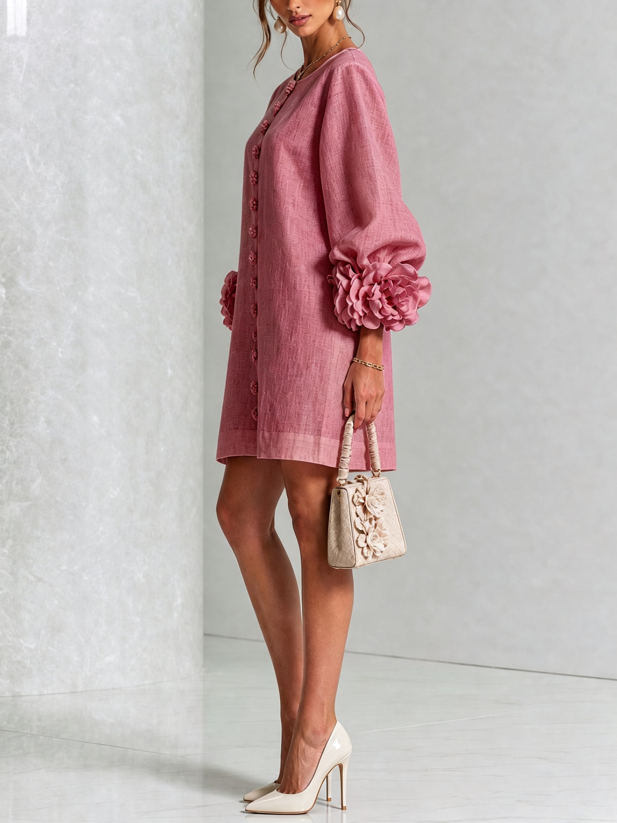 Empar | Vestido Mini de Mezcla de Lino con Puños de Rosa, Rosa Palo