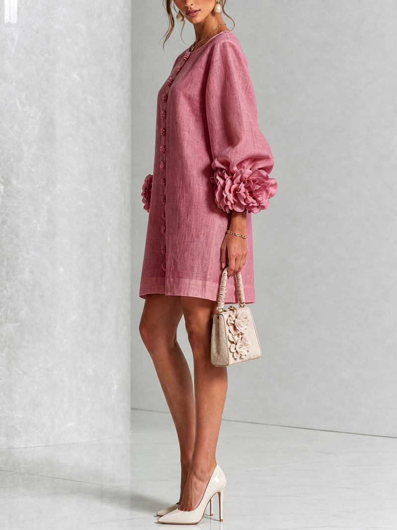Empar | Vestido Mini de Mezcla de Lino con Puños de Rosa, Rosa Palo