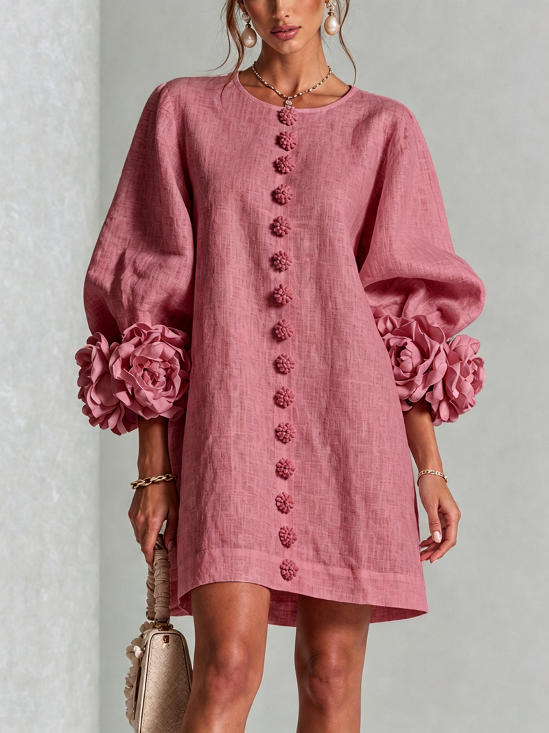 Empar | Vestido Mini de Mezcla de Lino con Puños de Rosa, Rosa Palo