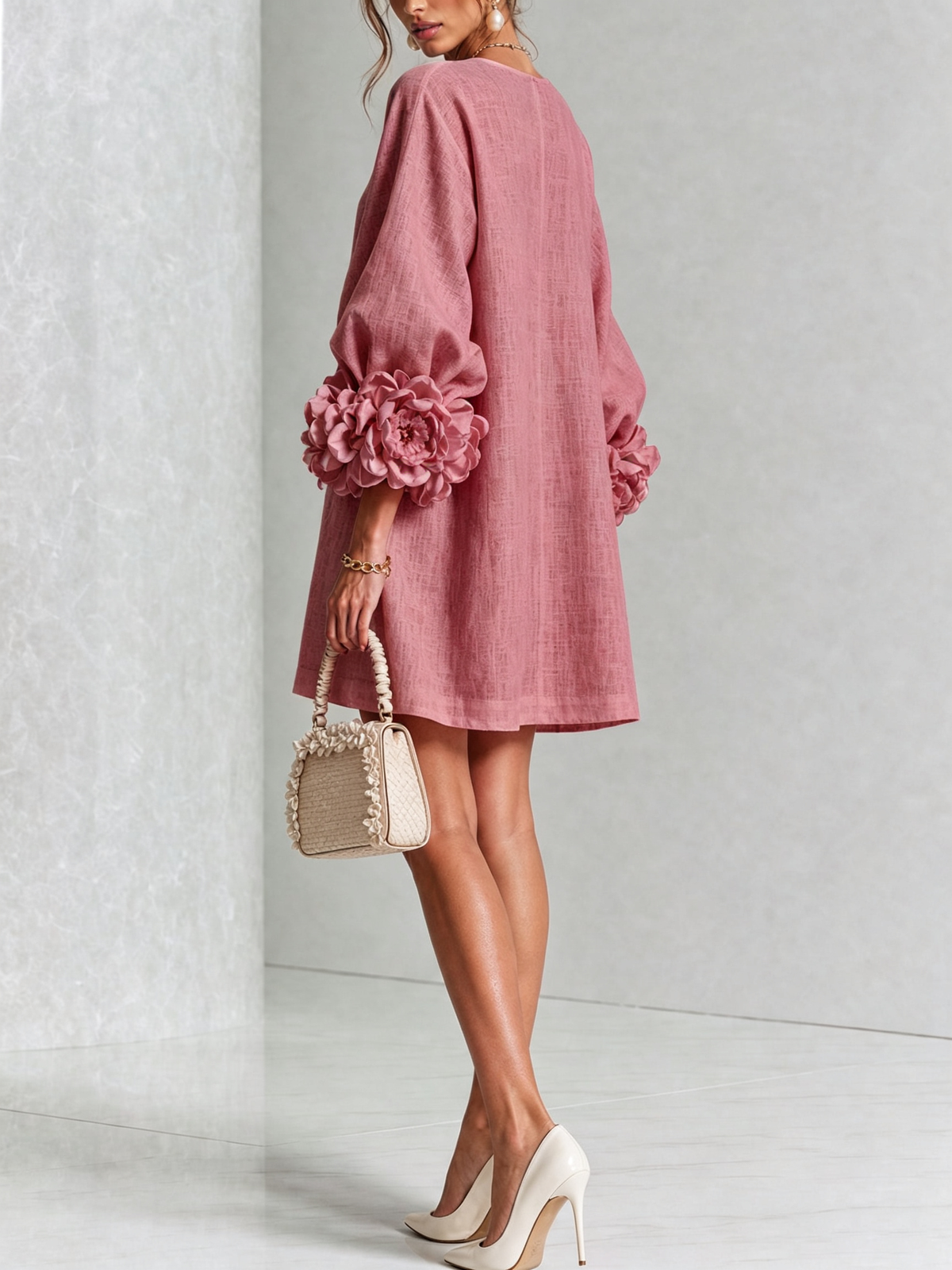 Empar | Vestido Mini de Mezcla de Lino con Puños de Rosa, Rosa Palo
