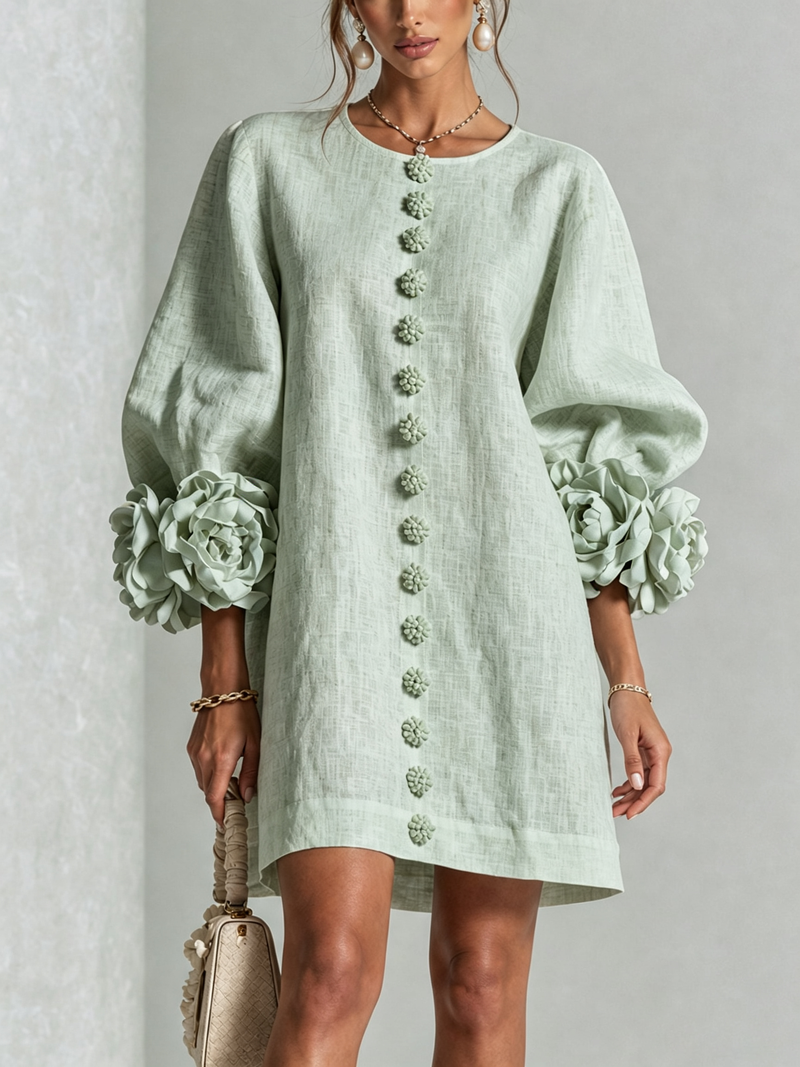 Mari Ángeles | Vestido Mini de Mezcla de Lino con Puños de Rosa, Verde Salvia