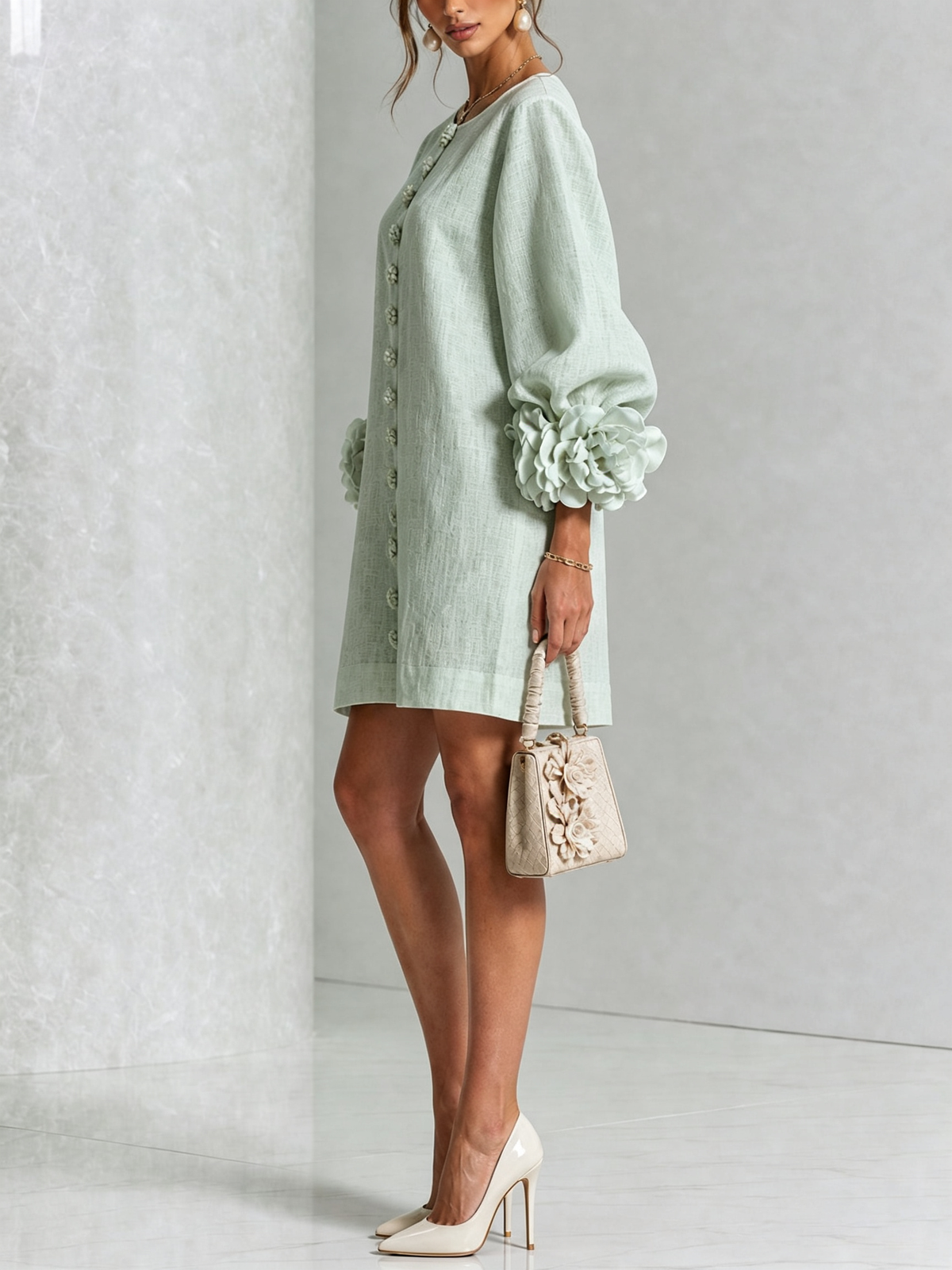 Mari Ángeles | Vestido Mini de Mezcla de Lino con Puños de Rosa, Verde Salvia