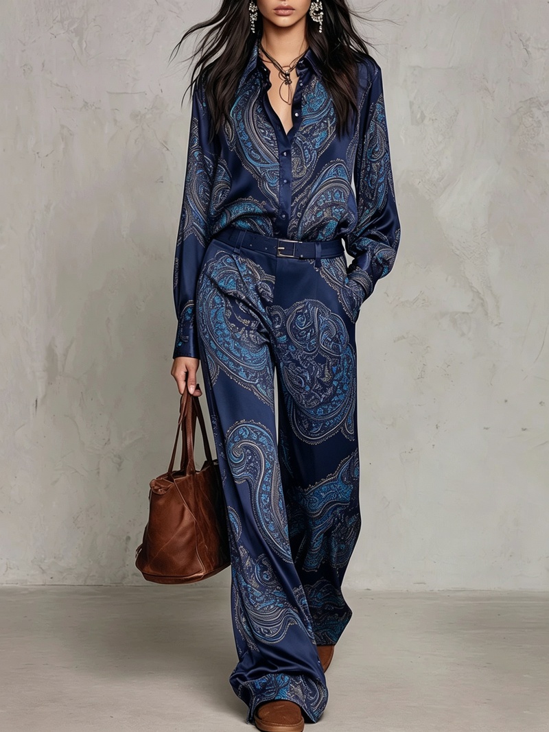 Rosa Isabel | Conjunto de Camisa de Satén y Pantalón de Pierna Ancha, Azul Marino