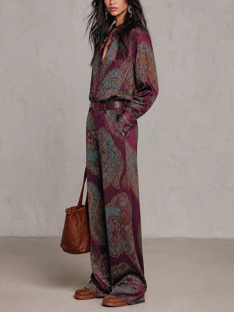 Ana Marta | Conjunto de Camisa de Satén y Pantalón de Pierna Ancha, Estampado Paisley