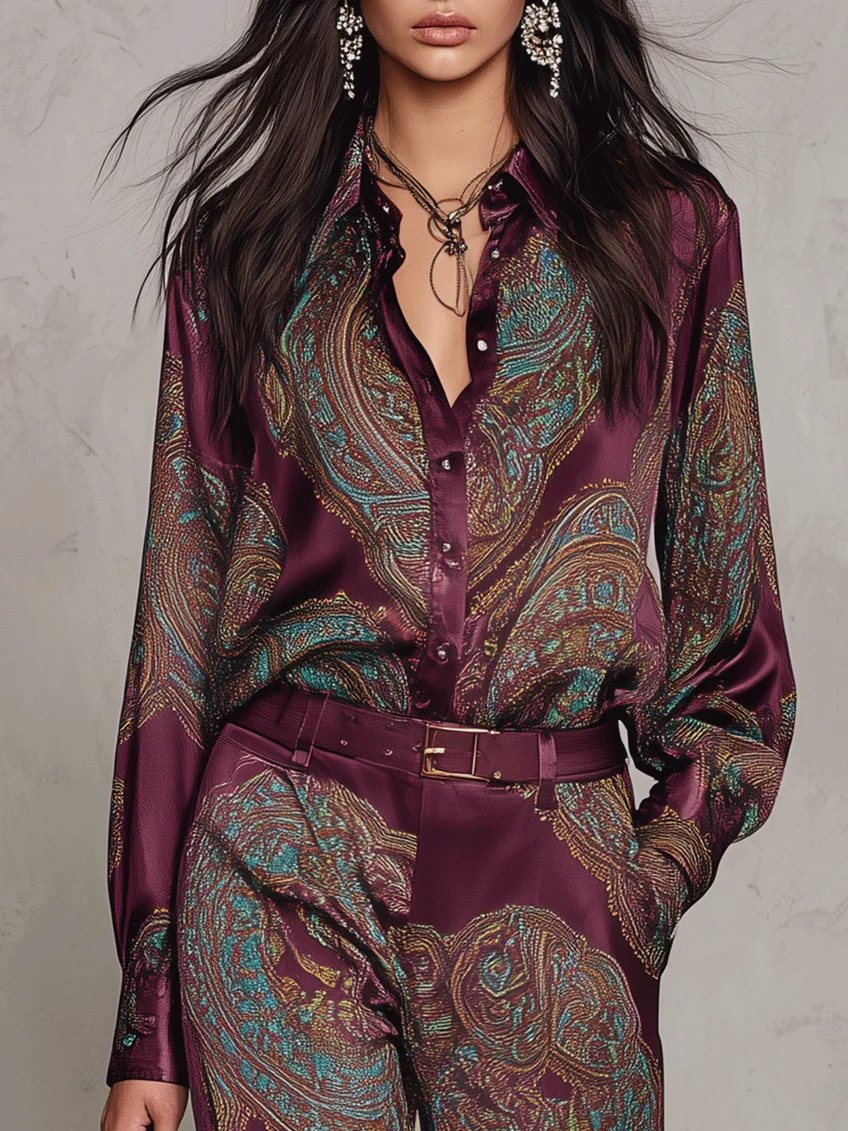 Ana Marta | Conjunto de Camisa de Satén y Pantalón de Pierna Ancha, Estampado Paisley