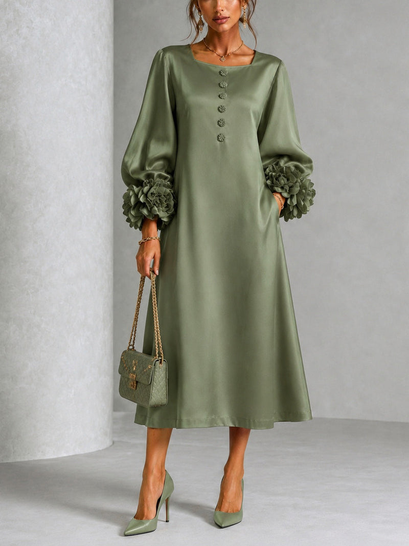 Ana Julia | Vestido Midi de Raso Verde Salvia con Mangas Florales