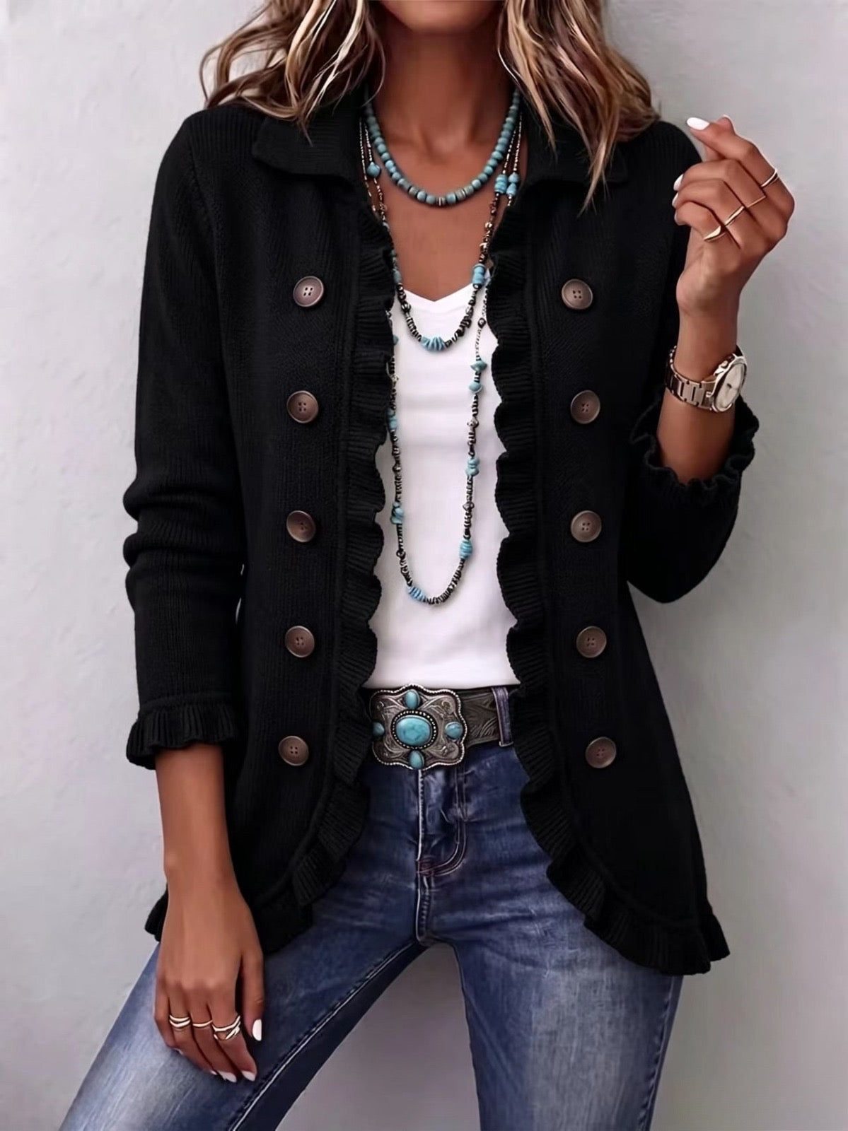 Camila | Chaqueta de Volantes de Punto Negro