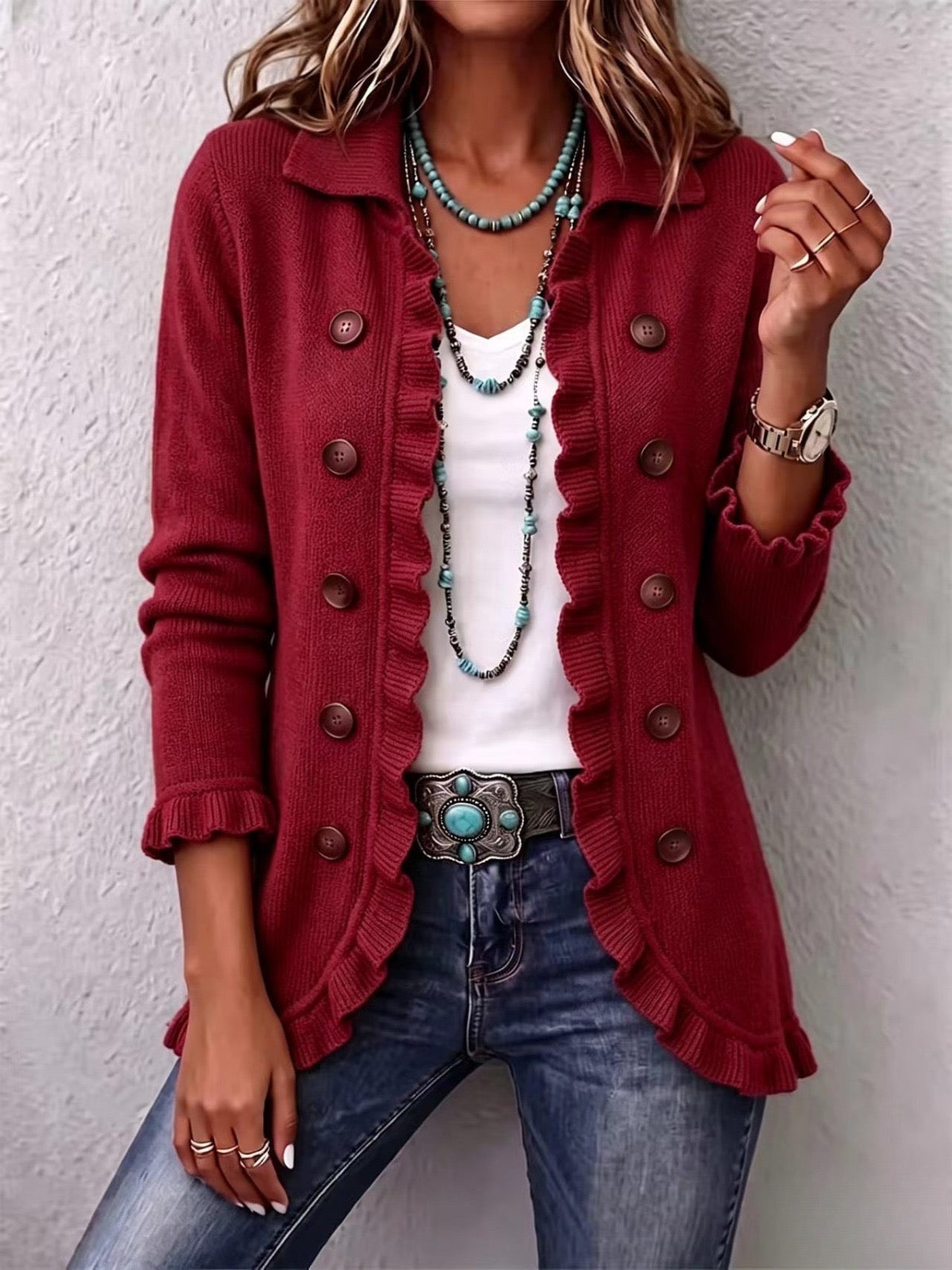 Rosalía | Chaqueta de Volantes de Punto Rojo Rubí