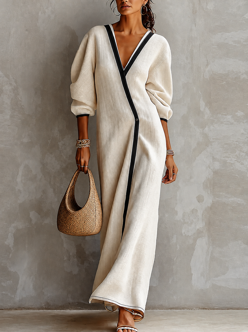 Ana Carmen | Vestido Maxi de Lino Beige con Escote en V y Mangas Farol