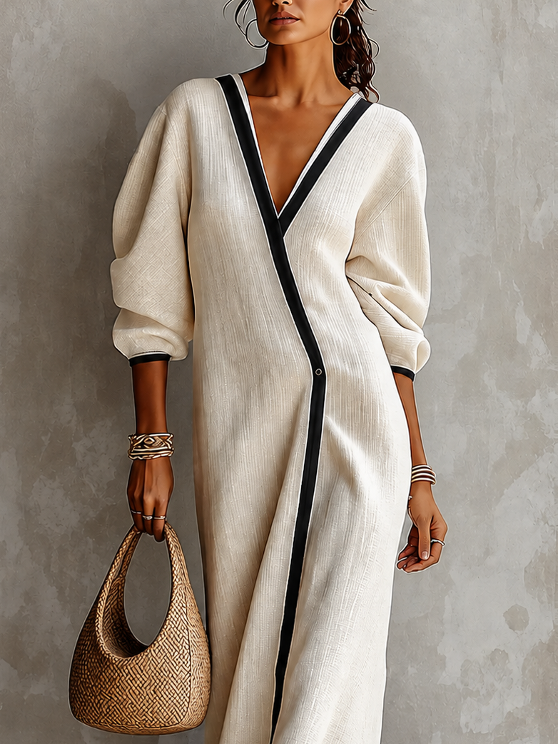 Ana Carmen | Vestido Maxi de Lino Beige con Escote en V y Mangas Farol