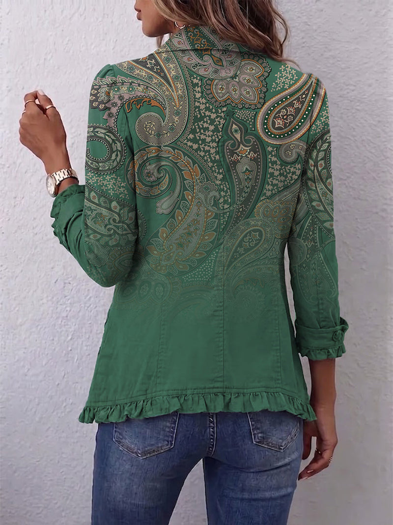 Jacinta | Chaqueta de Volantes Estampado Cachemira Verde