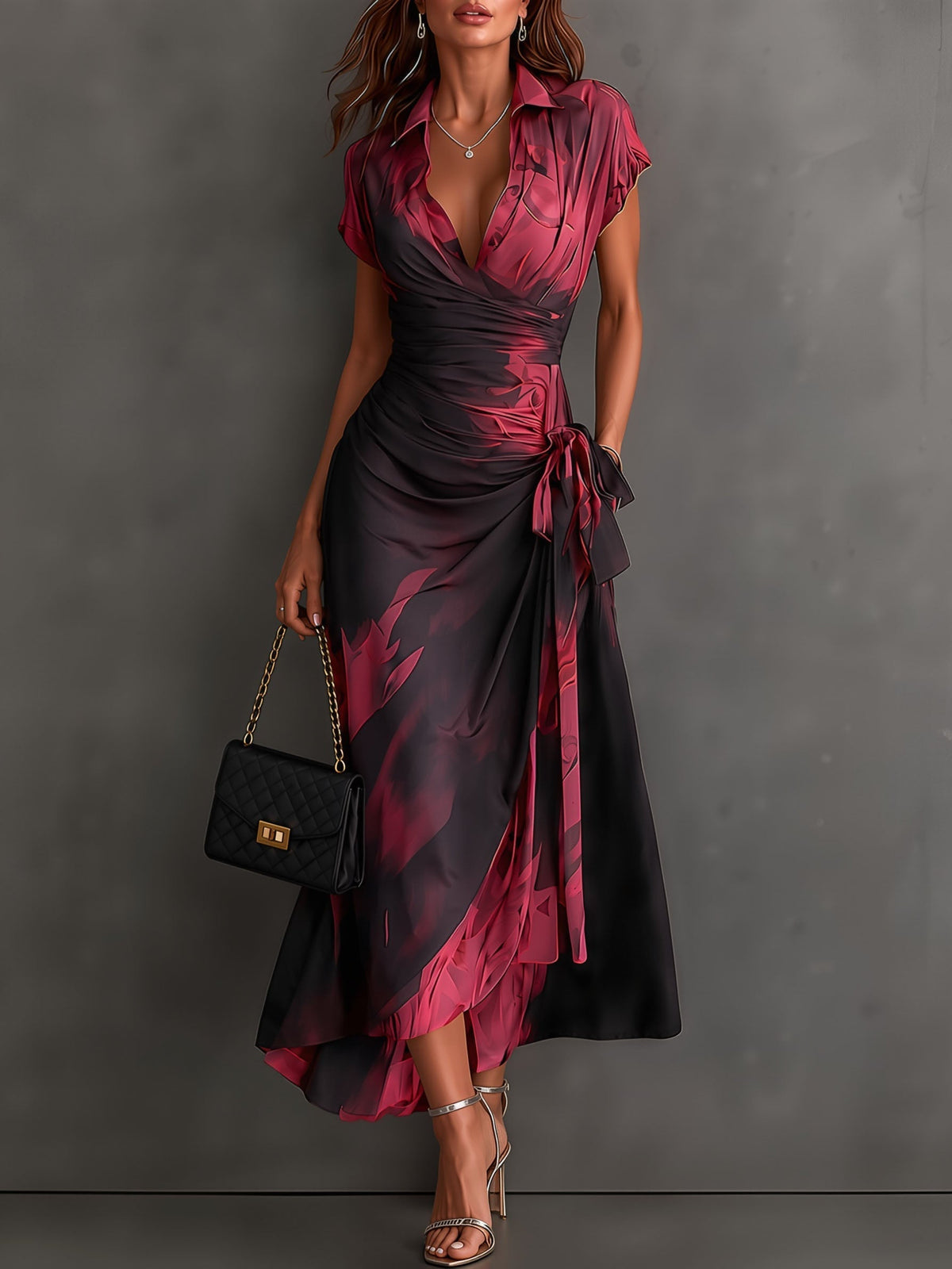 Mari Jose | Vestido Midi Cruzado con Estampado Abstracto, Manga Corta y Bajo con Volante